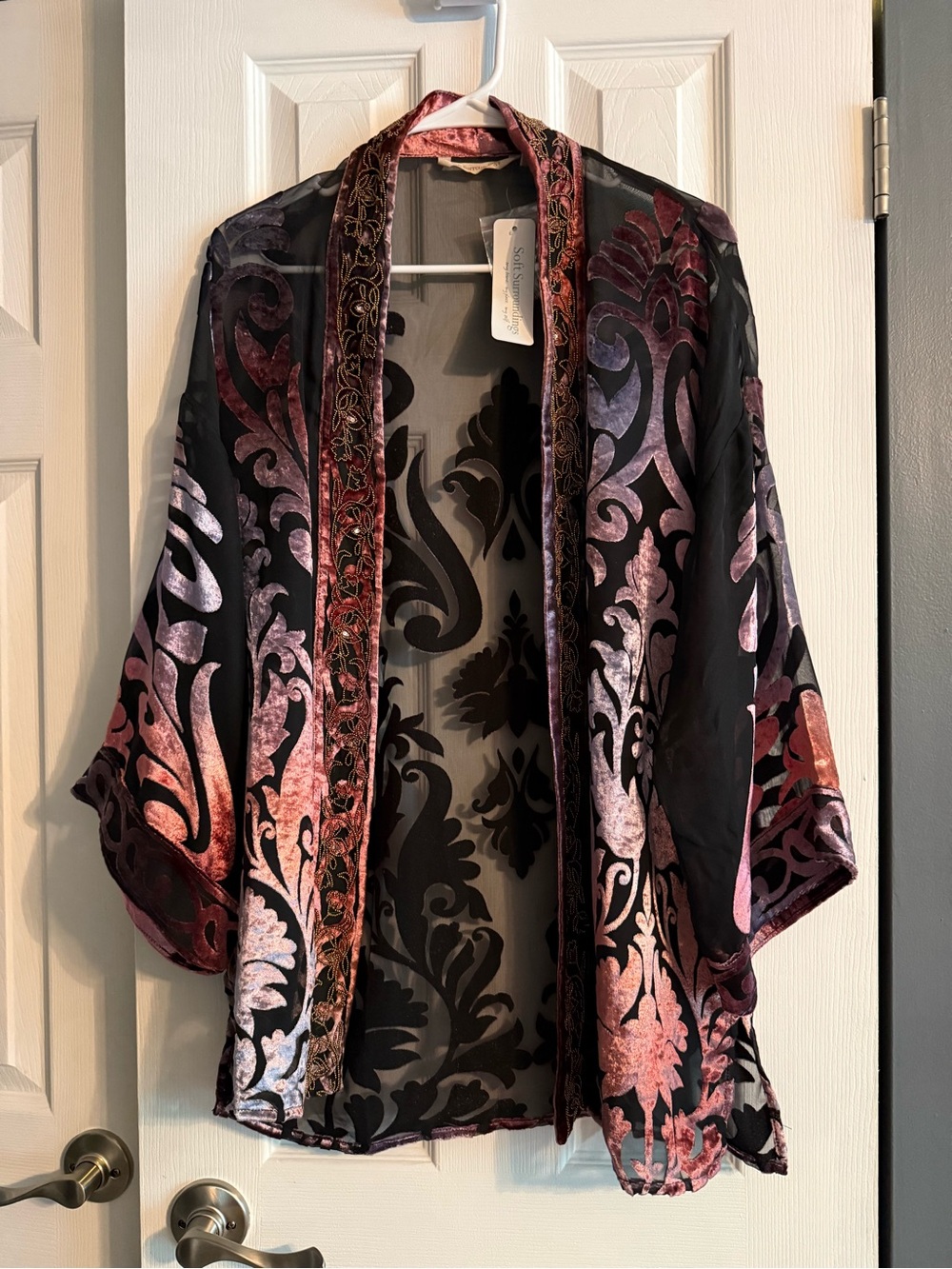 Soft Surroundings Velvet Burnout Kimono in Burgundy and Black